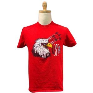 USA Bald Eagle with Mullet and Sunglasses and Fighter Jets Red Graphic Tee